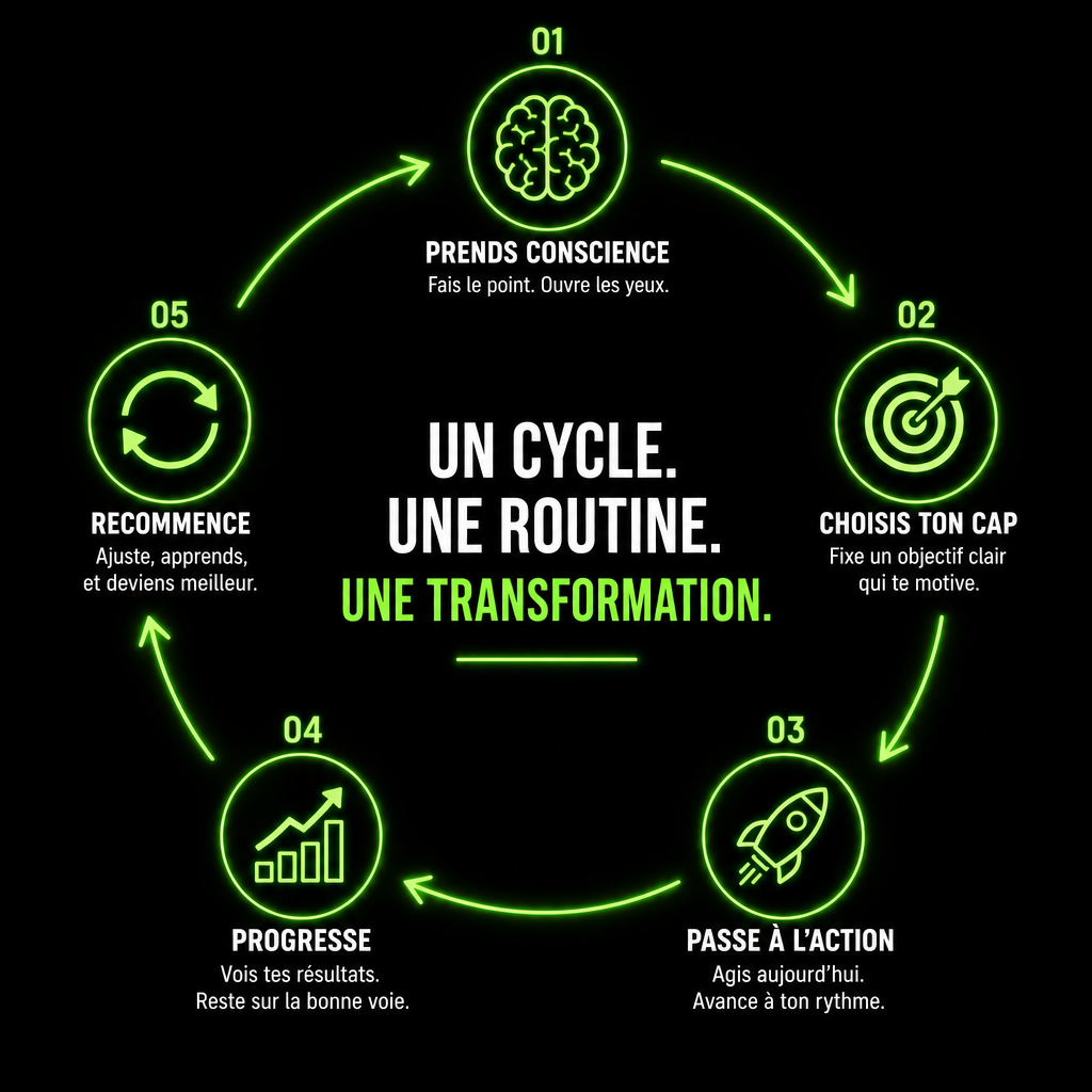 Le cycle DGTCoach : prends conscience, choisis ton cap, passe à l'action, progresse, recommence.